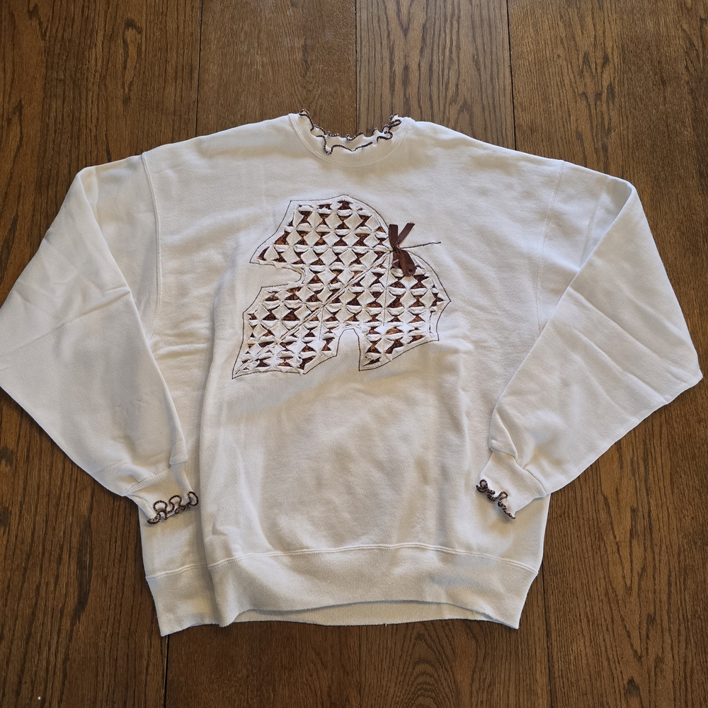 90s Hanes Leaf Appliqué Sweatshirt XL Cottagecore Embroidered Trim USA Patchwork
